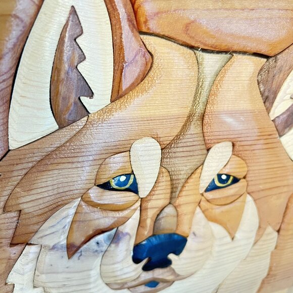 Handcrafted Wooden Wolf Wall Art Intricate Intarsia Design Natural Wood Tones Ru - Picture 3 of 6